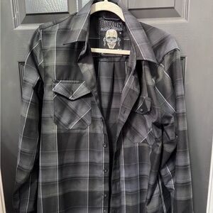 DIXXON Megadeth Charcoal Gray Black Plaid Button Down Shirt